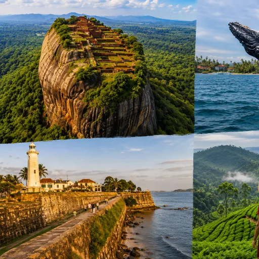 Collage of Sri Lanka's top travel highlights — Sigiriya, Mirissa whale watching, Galle Fort and tea estates — representing the 3 million tourist target for 2026