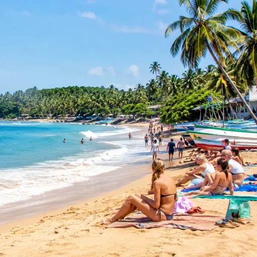 International tourists enjoying the sunny beaches of Mirissa contributing to Sri Lanka's record-breaking 277,000 tourist arrivals in January 2026