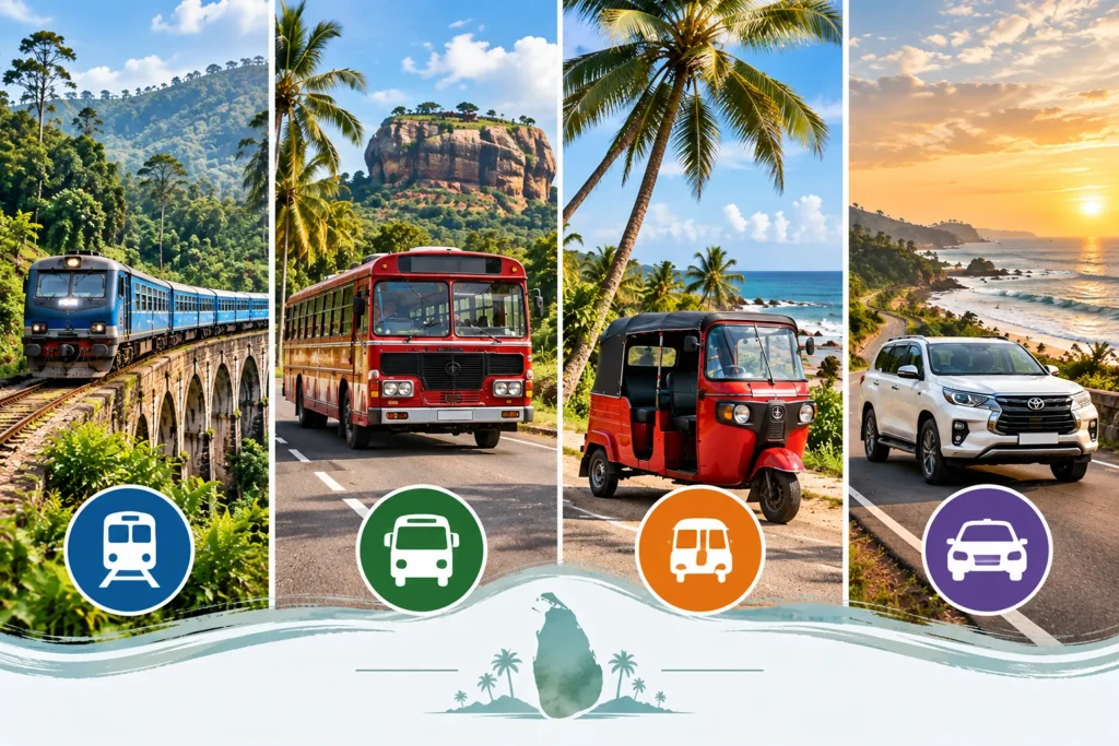 Comparison of train bus tuk tuk and private driver transport in Sri Lanka