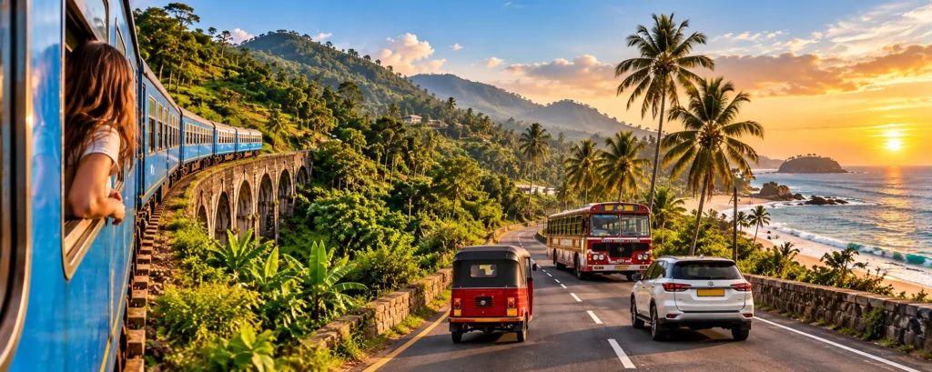 Sri Lanka transport options for travelers including trains buses tuk tuks and private cars
